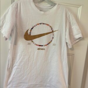 Nike White T-Shirt with Gold Swoosh and Colorful Circle